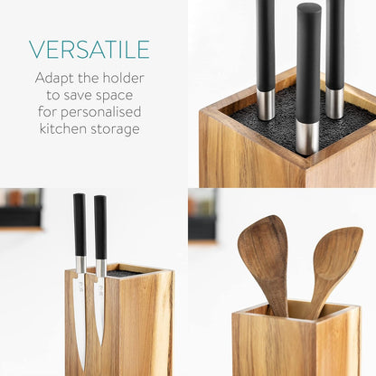 Navaris Bamboo Kitchen Knife Block - Magnetic Rotating Bristle Knife Holder - Universal Knife Block Storage Stand with Bristles - 9.8" x 4.9" x 4.9"