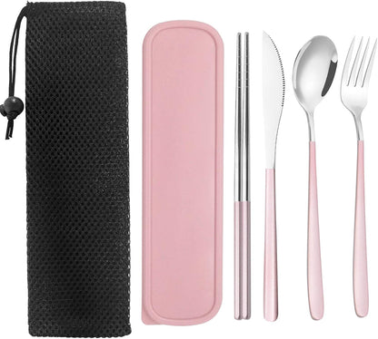 Black Portable Flatware Cutlery Set, TWUTGAYW Stainless Steel Travel Utensils with Case, Reusable Chopsticks Knife Spoons and Forks Set, Gold Camping Utensils Set for Lunch, Office, School, Picnic