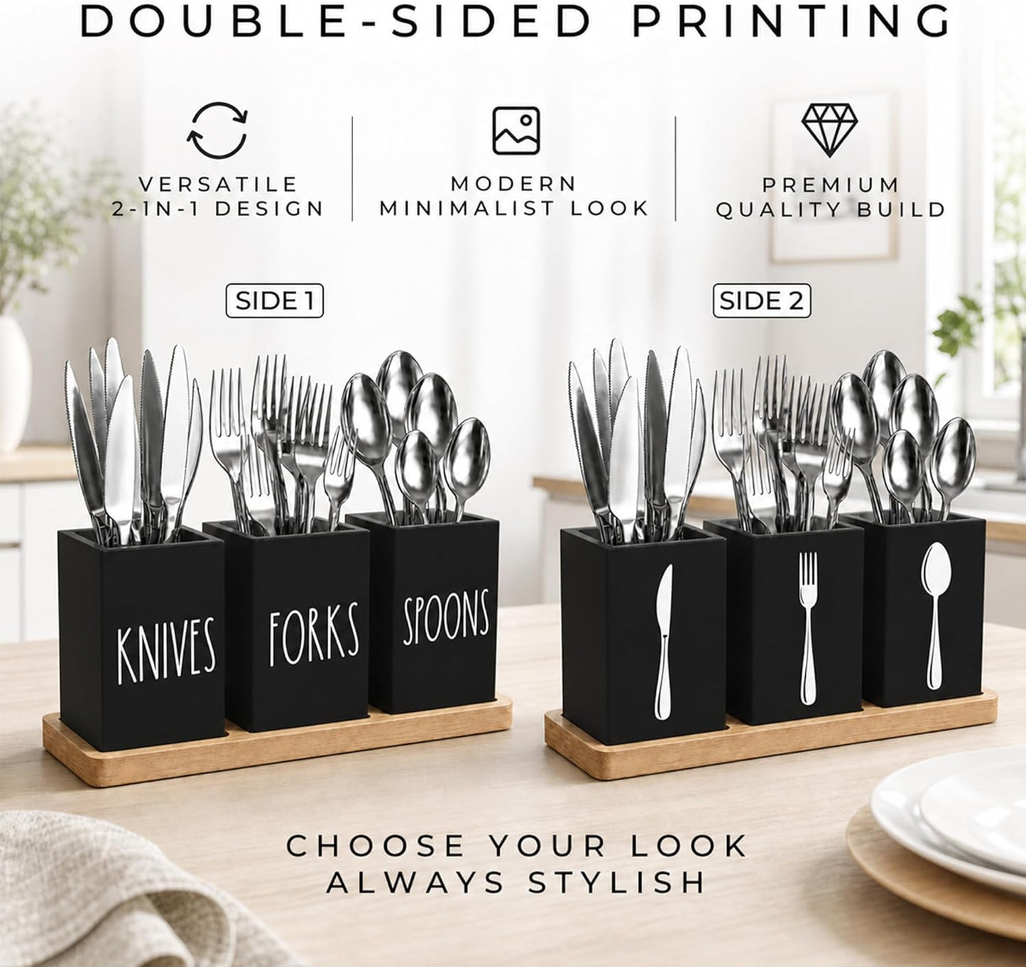Farmhouse Silverware Holder, Rustic Wood Silverware Caddy with Tray, Spoon Fork Knives Flatware Dispenser, Utensil Countertop Organizer, Plastic Cutlery Holder for Kitchen Party (Black)