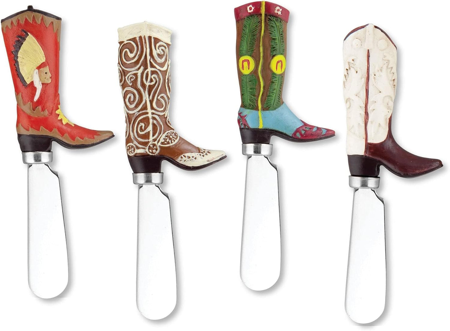 Supreme Housewares Western Cowboy Boot Cheese Spreaders, Hand-Painted Resin Handles with Stainless Steel Blades for Spreading Cream Cheese, Butter, and Jam, Assorted Designs, Set of 4