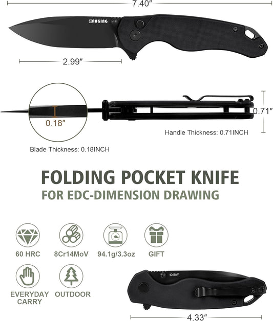 Pocket Folding Knife(EDC)- With 2.99” 8Cr14MoV Steel Blade and G10 Handle,- Lightweight Folding knives with Clip for Camping, Hiking, Hunting Survival Multi-Knife (Green)