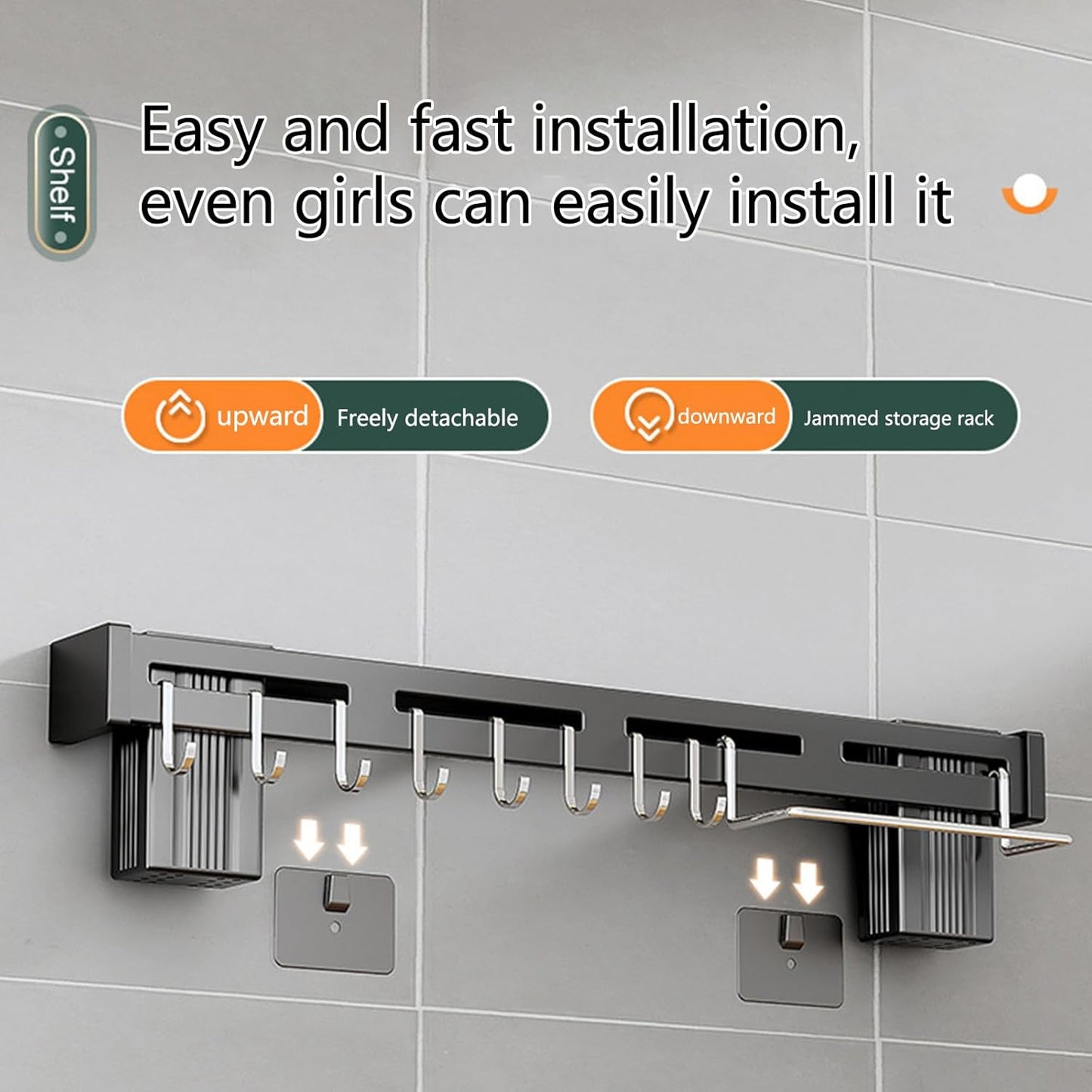Kitchen Organizer Rack Wall Mounted, 2024 New No Punch Wall Mounted Knife Rack Organizer, Kitchen Knife Storage Holder with 9-Hooks for Hanging Spoon Dish Towel, Black