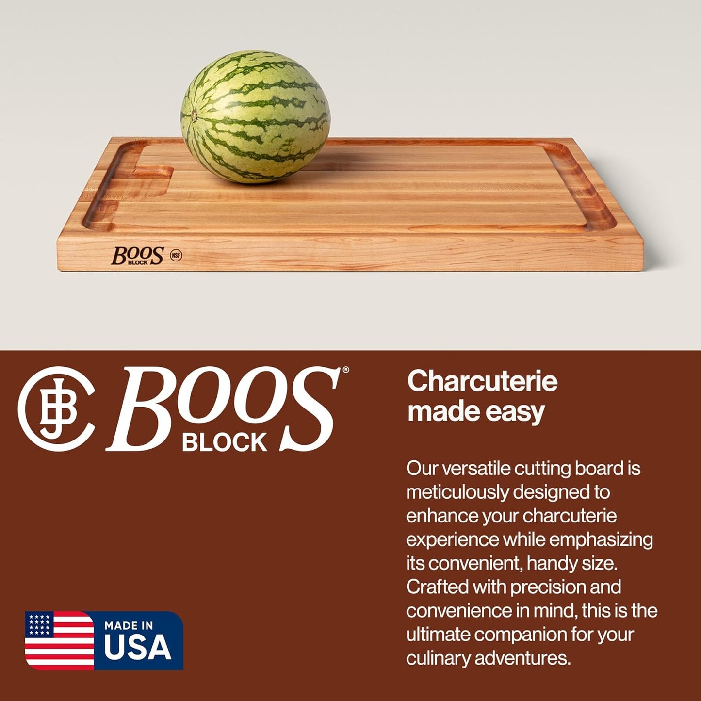 John Boos Aujus Series Rectangular Wooden Maple Cutting Board 20”x15” – 1.5” Thick, 12-lb Reversible Butcher Block with Sloped Juice Groove, Edge-Grain & Finger Grips – Made in the USA