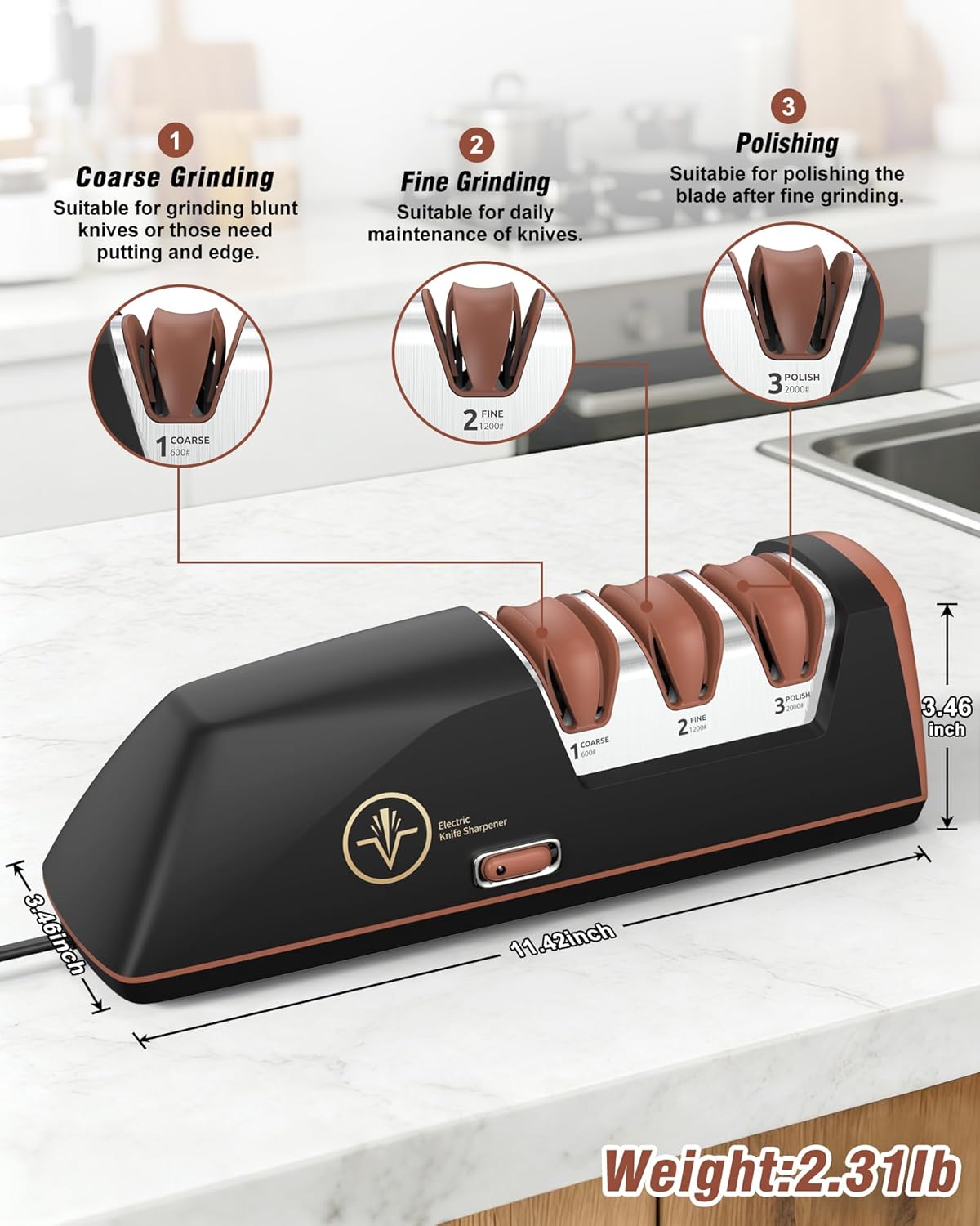 Electric Knife Sharpener with Replaceable Sharpening Head Easy to Change, 3-Stage & 15° Precision Angle Diamond Sharpening System for Metal Knives, Ceramic knives, Exquisite Gifts and Packaging