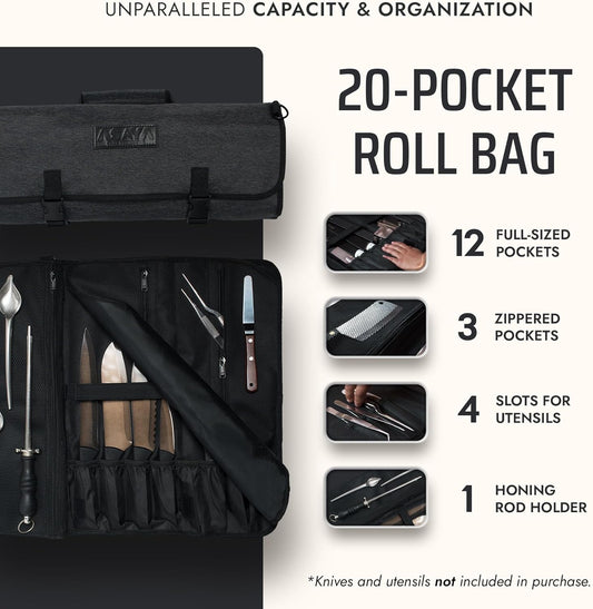 Asaya Waxed Nylon Chef Knife Roll Bag with 20 Slots and Zippered Pockets - Professional Chef Knife Bag & Storage Case, Tool Carrier with Shoulder Strap - Knives Not Included (Grey)