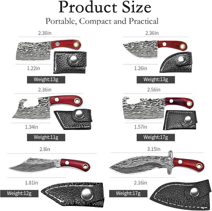 Mini Knife Set, Damascus Pocket Knife with Sharpener, Mini Chef EDC Knives, Tiny knife Cleaver Keychain Tiny Things for Package Opener, Box Cutter, Letter Opener - Set of 5