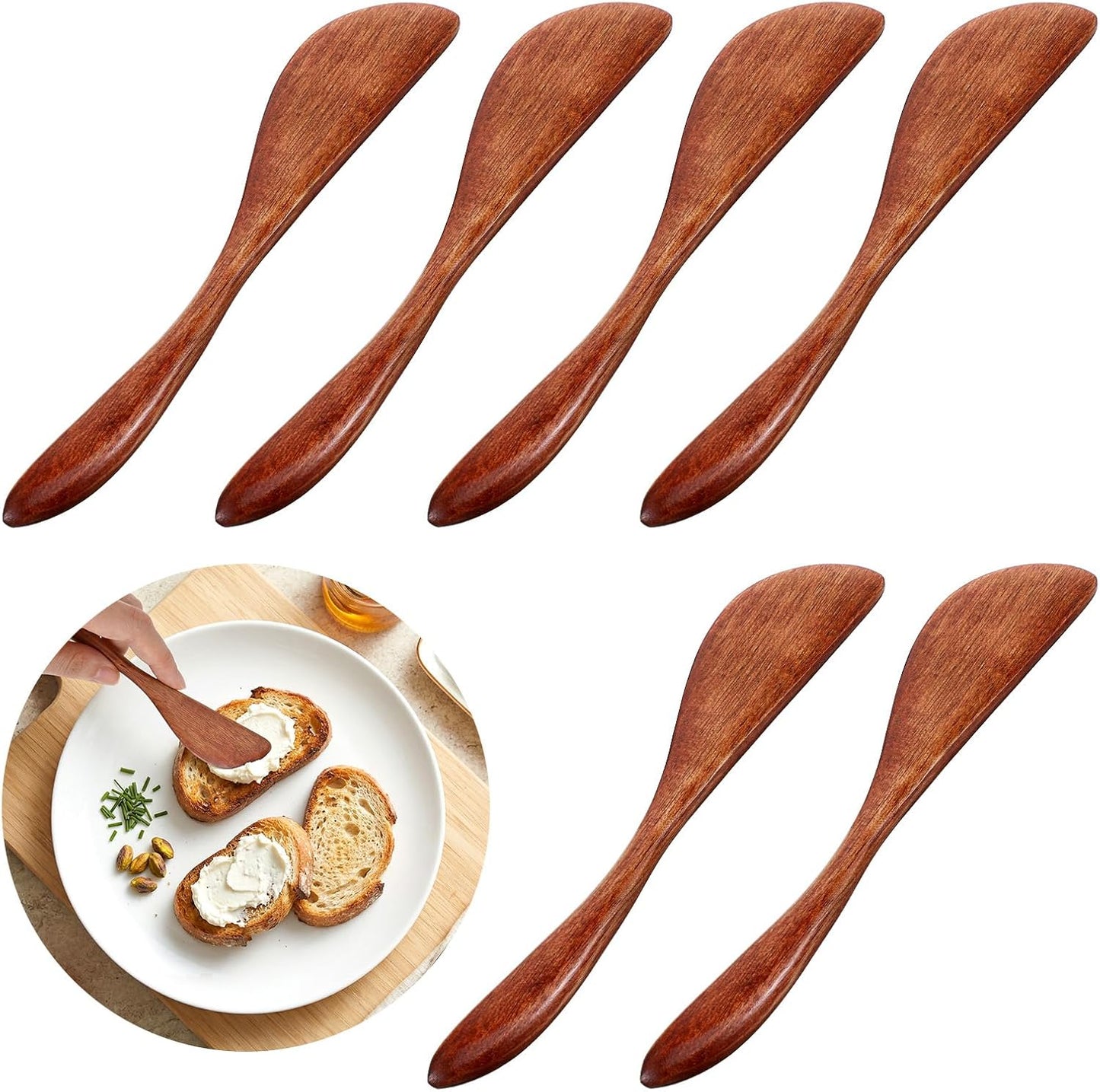 6 PCS Wood Butter Knife Spreader 5.9 Inch Wooden Butter Spreader Knife Cheese Spreaders for Kitchen Restaurant Home Stirring Mixing Use