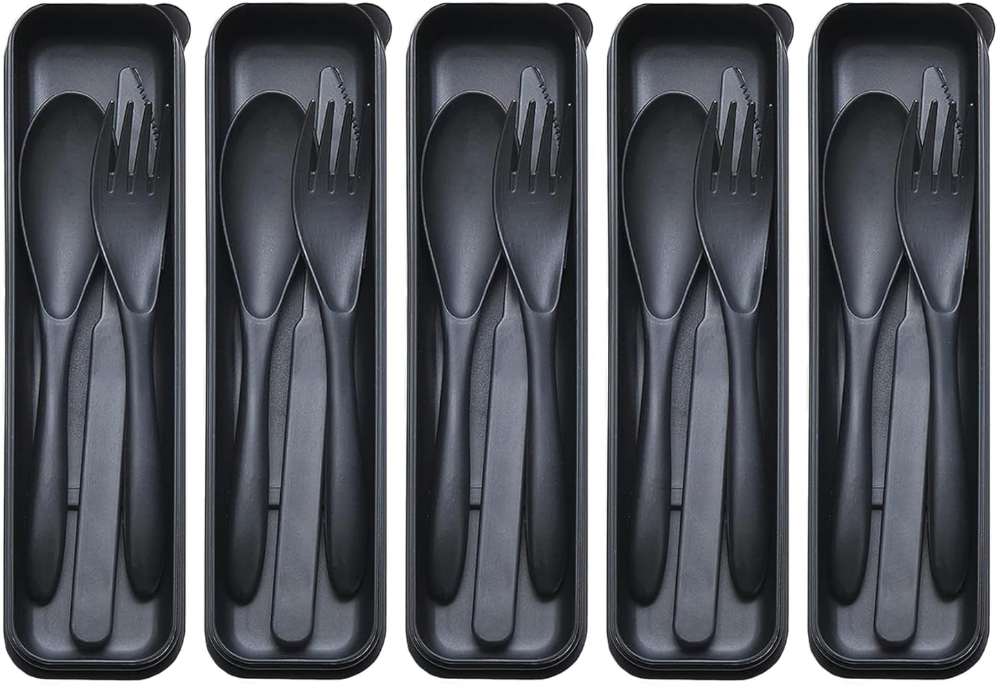 Reusable Travel Utensils Set with Case, 5 Sets Portable Wheat Straw Cutlery Including Knife Fork Spoons, Eco-Friendly BPA Free Tableware for Camping Picnic Lunch and Daily Use (Black)