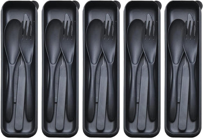 Reusable Travel Utensils Set with Case, 5 Sets Portable Wheat Straw Cutlery Including Knife Fork Spoons, Eco-Friendly BPA Free Tableware for Camping Picnic Lunch and Daily Use (Black)