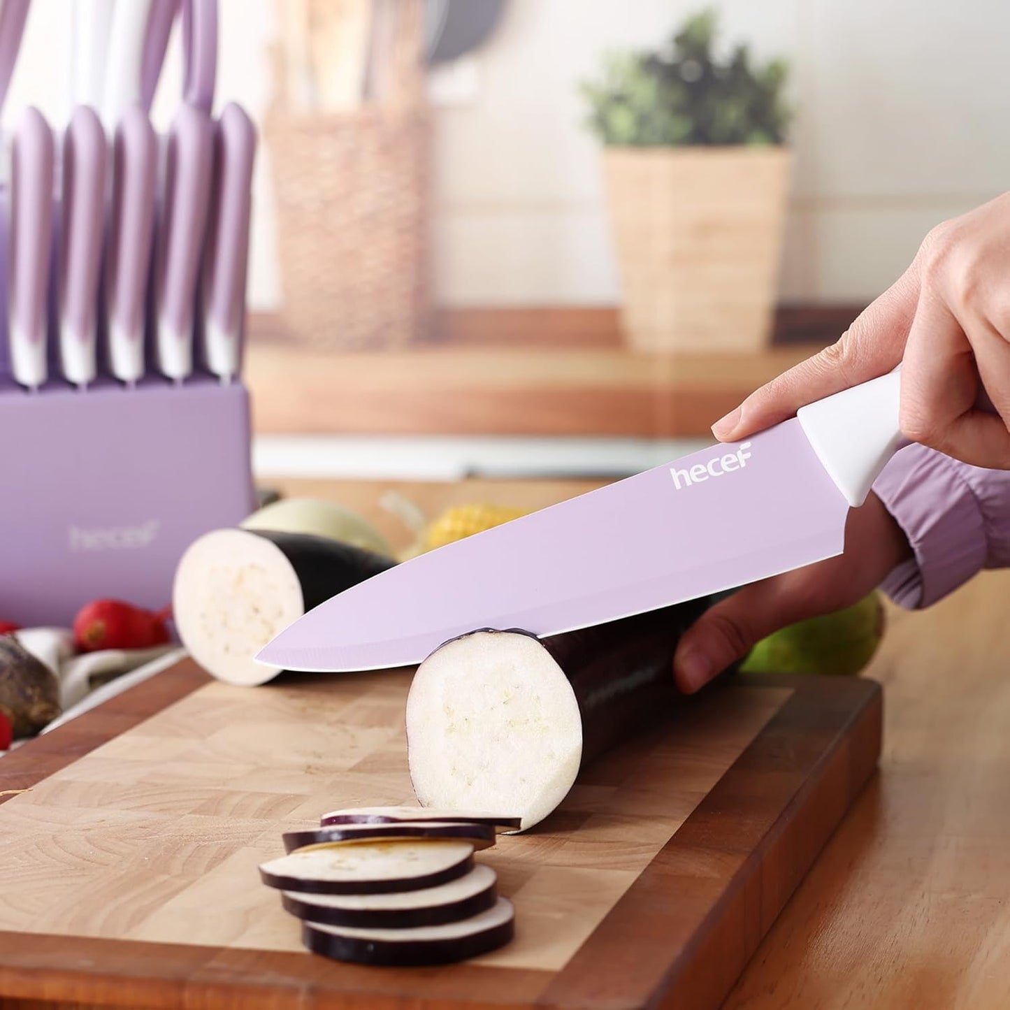 hecef 15 Pieces Kitchen Knife Set with Built-in Sharpening Wooden Block, Dishwasher Safe, High Carbon Stainless Steel Knife Block Set with Steak Knives, Kitchen Scissors, Purple