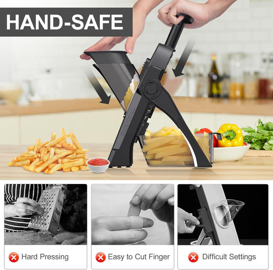 5 in 1 Safe Mandoline Slicer for Kitchen, Safe Vegetable Chopper, Paring Knife, Adjustable Thickness, Easy to Clean, Vegetable Slicer, Slicing, Strips, Shredding, Dicing, Chop (Black Knight)