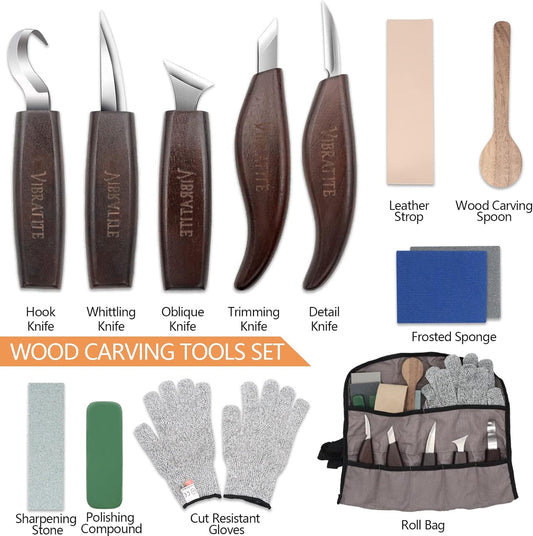 VIBRATITE Wood Carving Kit, 14 PCS Wood Carving Tools Set with Detail Carving Knife, Spoon Blanks, Whittling Knife, Wood Whittling Kit for Beginners Kids Adults Woodworking DIY