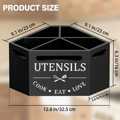 Kitchen Utensils Holder with 5 Compartments, Corner Utensil Caddy for Countertop, Black Large Wooden Utensil Organizer for Kitchen Countertop for Silverware Spoon Spatula