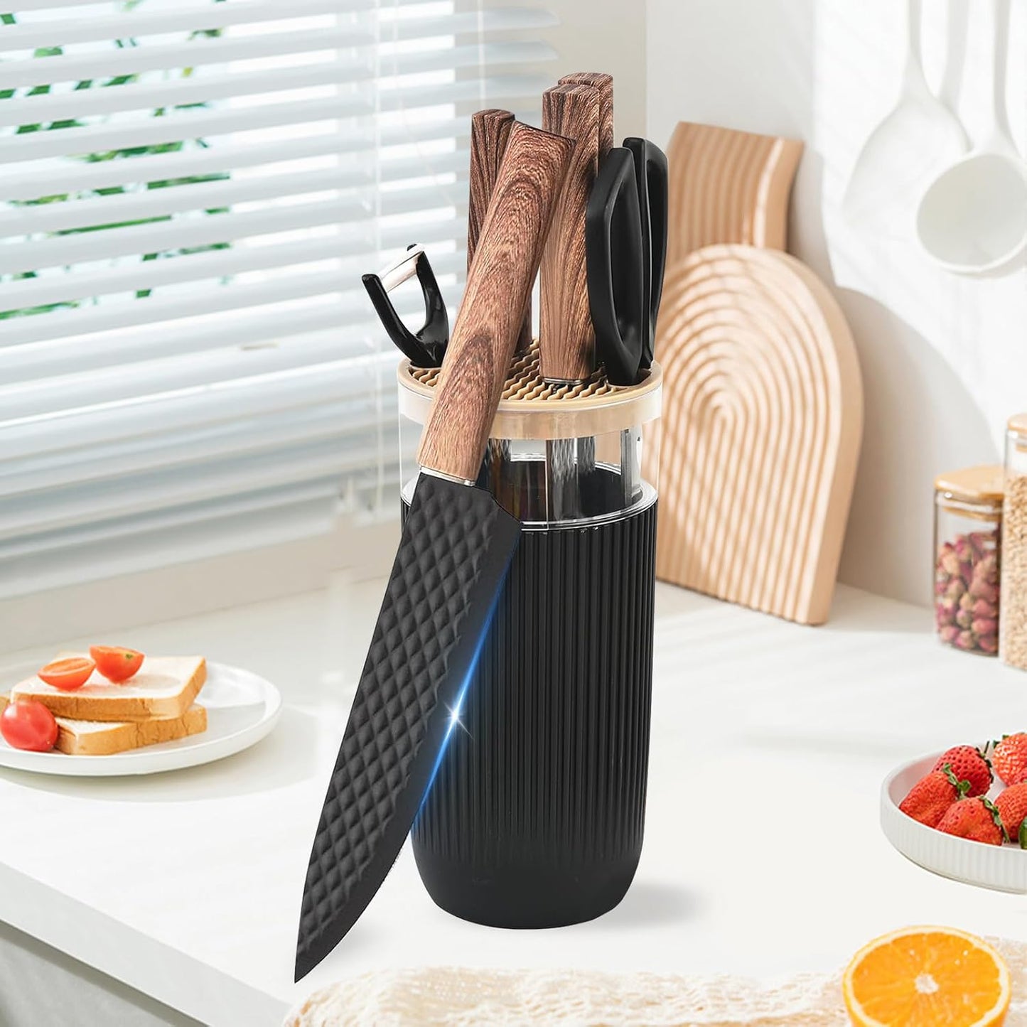 Kitchen Knife Set with Block, 7-Piece Kitchen Knife Set for Chef with Universal Knife Block, Anti-Rust Kitchen Knife Block Set, Ergonomic Design