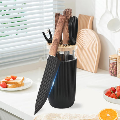 Kitchen Knife Set with Block, 7-Piece Kitchen Knife Set for Chef with Universal Knife Block, Anti-Rust Kitchen Knife Block Set, Ergonomic Design