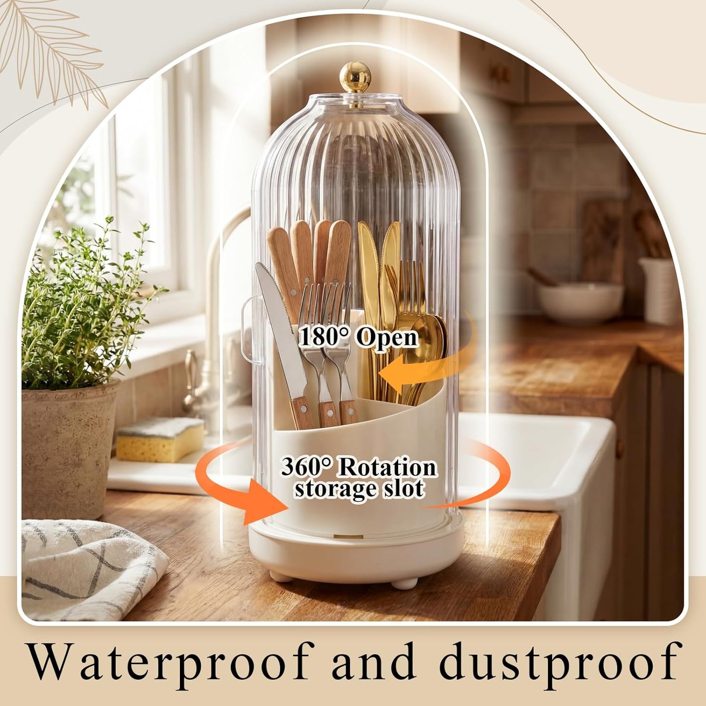2 Pack 360° Rotating Silverware Organizer, Utensil Holder with Lid for Kitchen Counter Silverware Caddy with Drainage Dustproof Flatware Holder for Cutlery Spoon Fork(Diamond White,3 Slot)