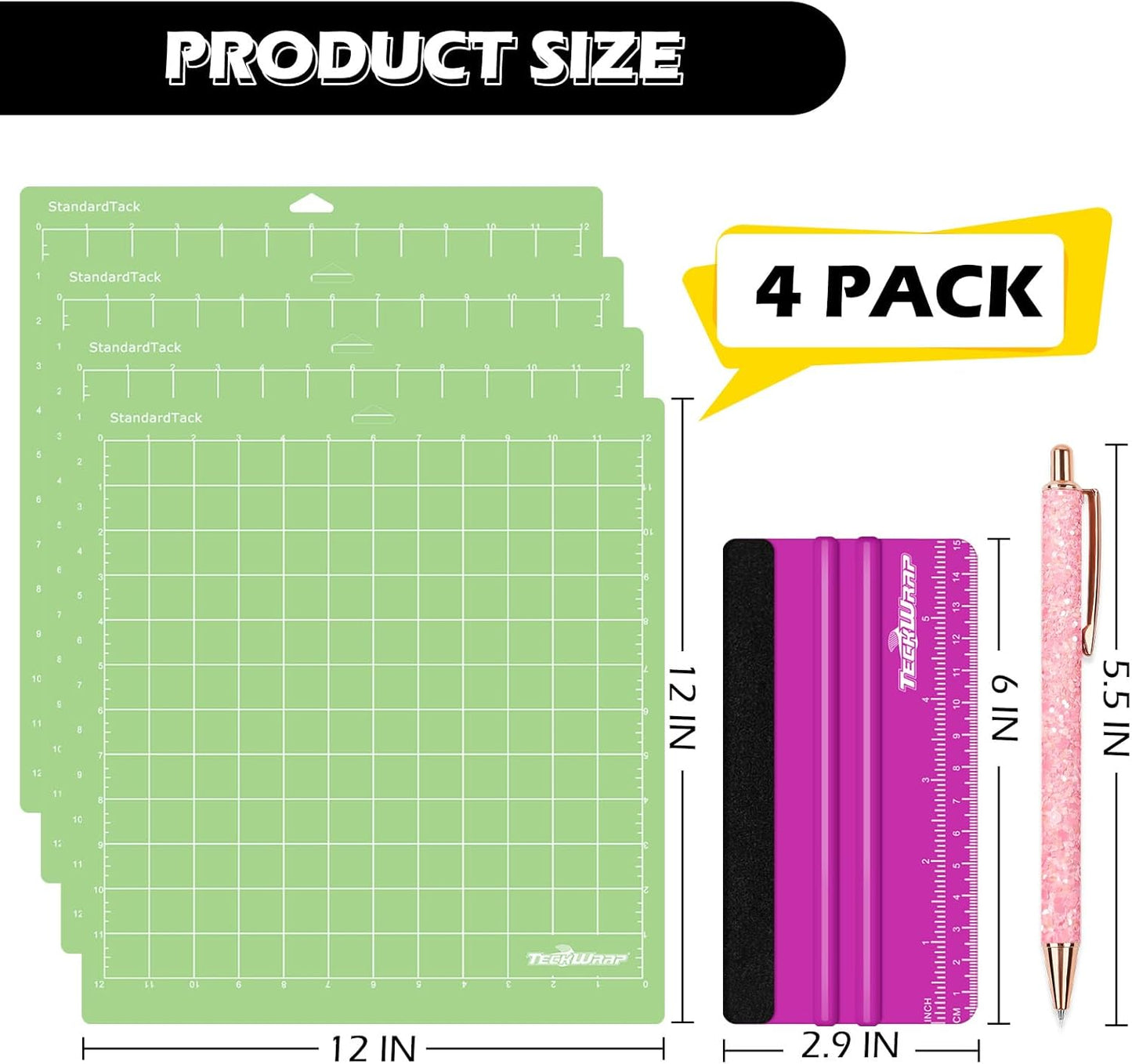 TECKWRAP 4 Pack 12"x12" Green Standard Adhesive Cutting Mats, with Precision Vinyl Pin Pen & 6 Inch Squeegee - Ideal for HTV, Vinyl, Quilting & Crafting, Compatible with Popular Cutting Machines