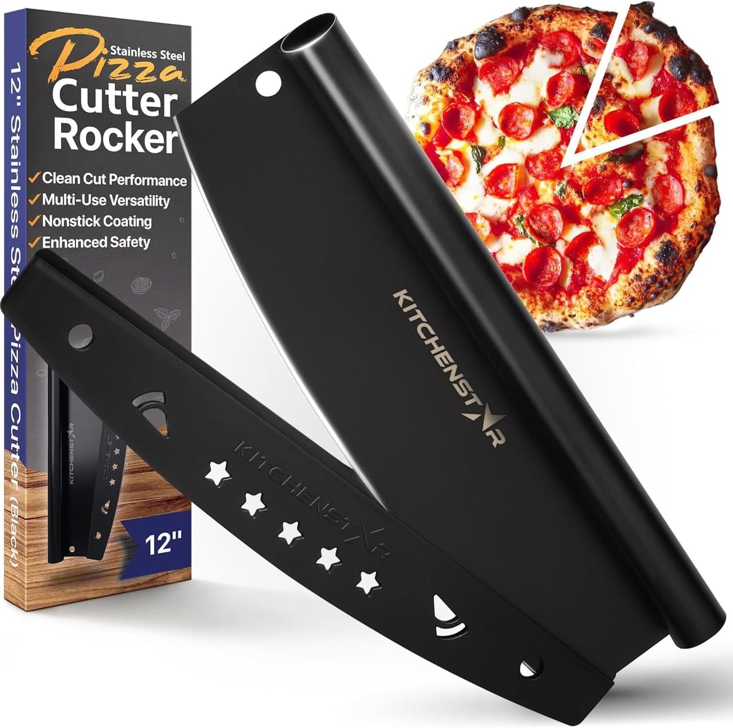 KitchenStar 12-Inch Pizza Cutter Rocker Blade - Sharp Stainless Steel Slicer Knife, Protective Cover, Dishwasher Safe, Small - Professional Pizza Oven Accessories