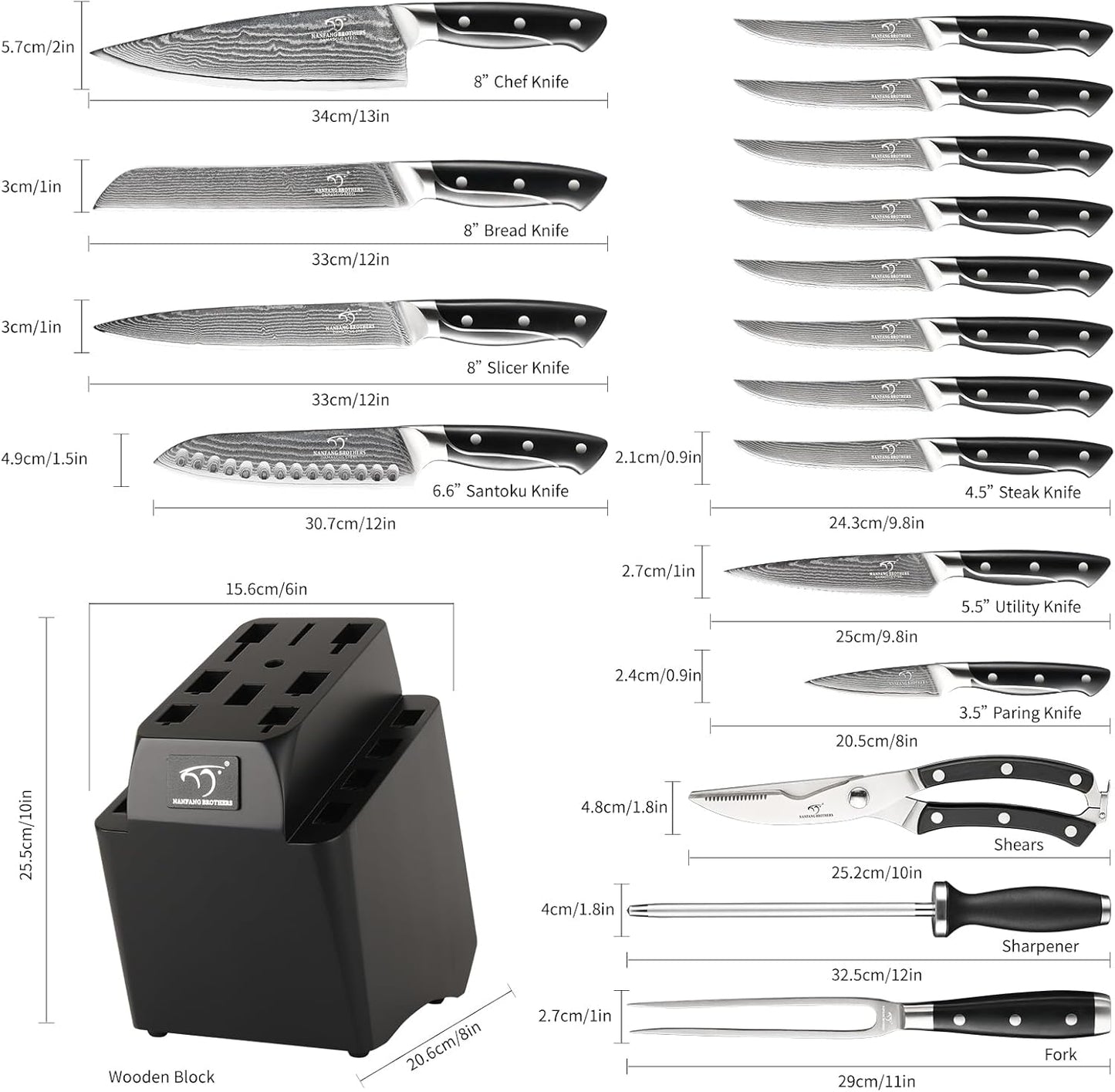 18 Pieces Damascus Kitchen Knife Set, 8 Piece Steak Knives, Non-slip ABS Ergonomic Triple Rivet Handle for Meat Fork, Knife Sharpener and Shears, 17 Slots Fraxinus Manchuria Knife Block (Grey)