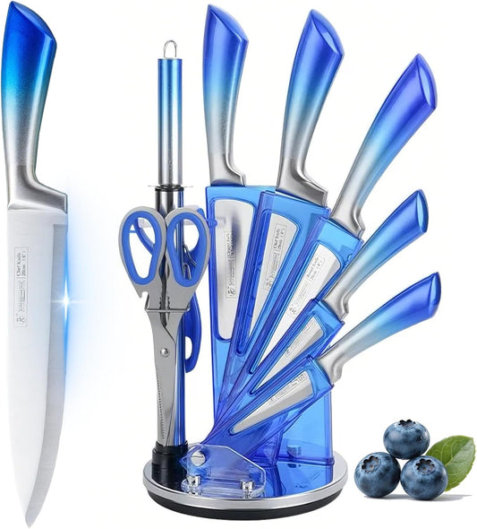 KOSHA Kitchen Knife Set, 9 Piece Knife Set with Block, with Sharpener, High Carbon Stainless Steel Accessories for Kitchen, Rust Proof, Non-Stick Coated, Ergonomic Hollow Horseshoe-shaped Handle