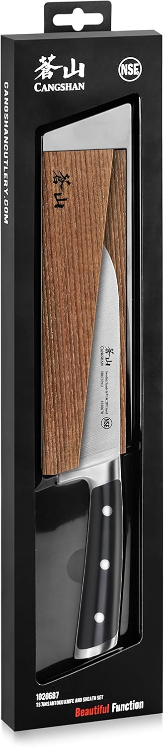 Cangshan TS Series 1020687 Swedish 14C28N Steel Forged 7-Inch Santoku Knife and Wood Sheath Set