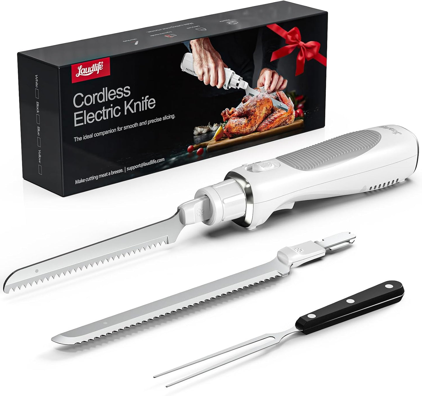 LAUDLIFE Electric Knife, Cordless Cutting Knife, Ergonomic Design with Comfortable Contoured Grip Rechargeable Easy-Slice Electric Carving Blade for Meat Slicing, Bread, Fillet, Turkey, Black