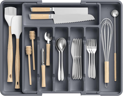 RoomHacks Large Silverware Organizer,Expandable Utensil Drawer Organizer,BPA Free Utensil Holder,Adjustable Silverware Tray Cutlery Drawer Organizer for Kitchen Flatware,Large,Black (6-8 Slots)