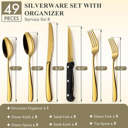 49-Piece Silverware Set with Bamboo Organizer for 8, Heavy-Duty Flatware Set with Steak Knives, Rust-Proof & Mirror Polished, Dishwasher Safe,Modern Hammered(organizer only for packaging)