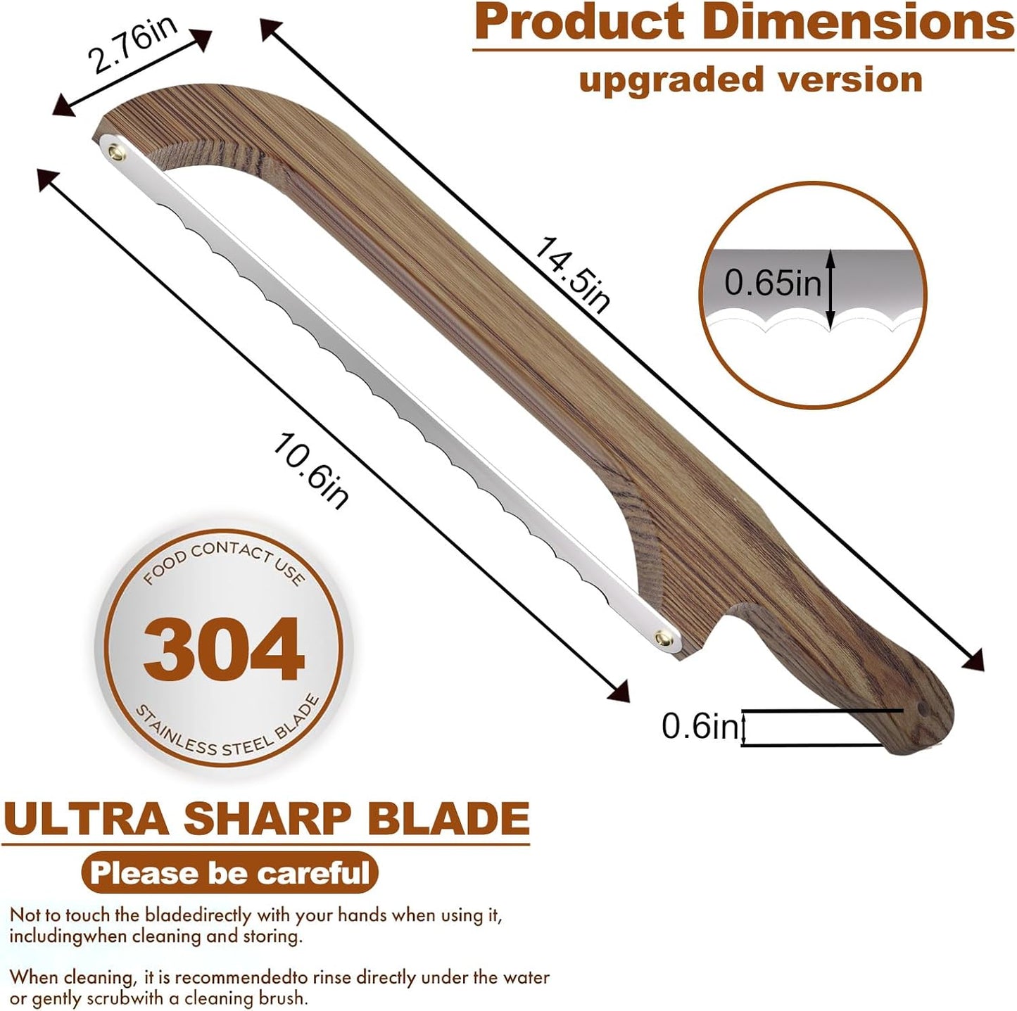Bread Knife - for Homemade Bread, 14.5" Wooden Sourdough Bread Slicer with Bow Design, Premium Stainless Steel Serrated Saw Bread Cutter for Bagels, Baguettes (stainless steels)