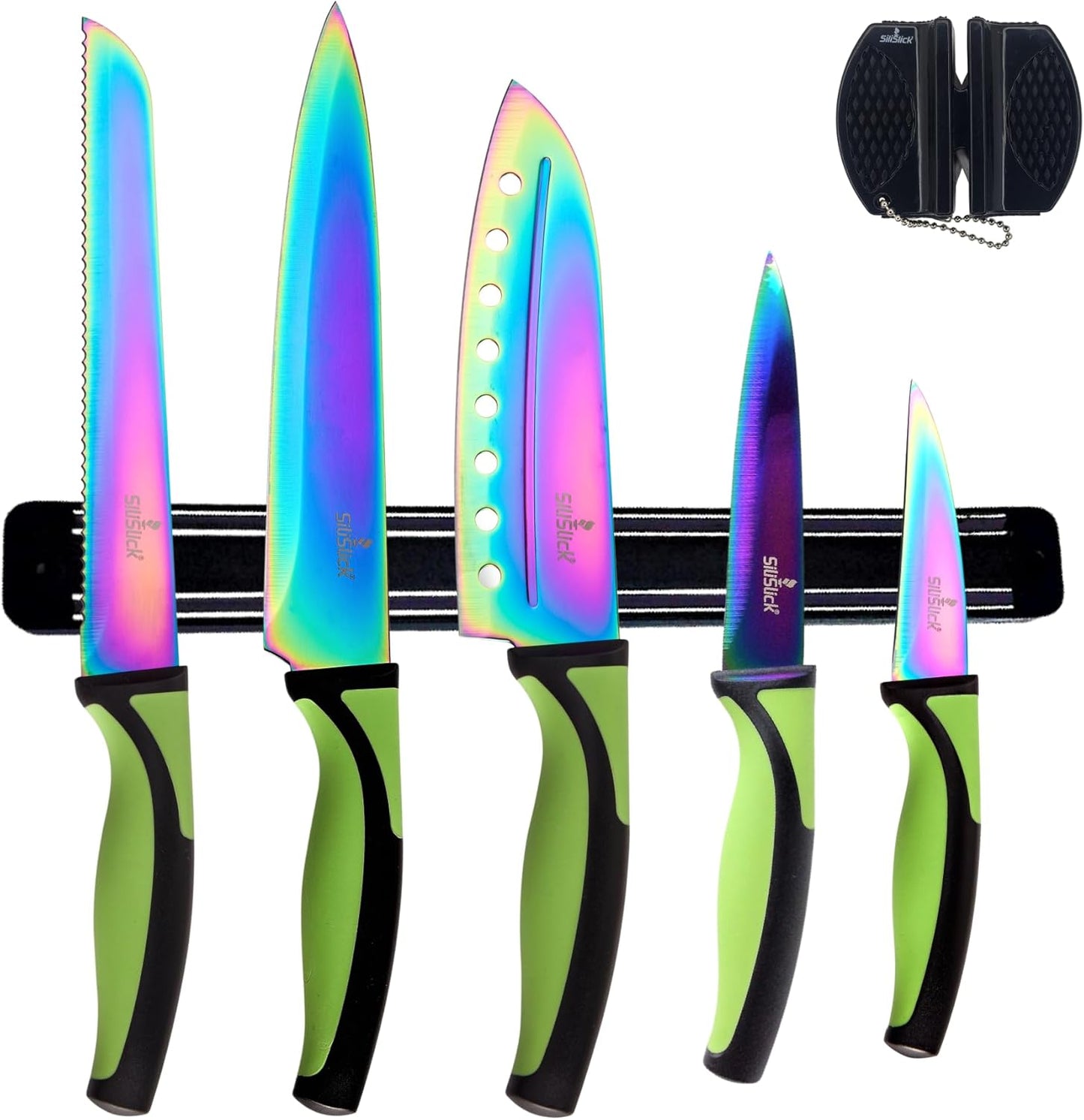 SiliSlick Kitchen Knife Set Kit, 5 Dishwasher Safe Colorful Knives, Knife Sharpener & Magnetic Wall Bar, Titanium Non Stick Plating Stainless Steel