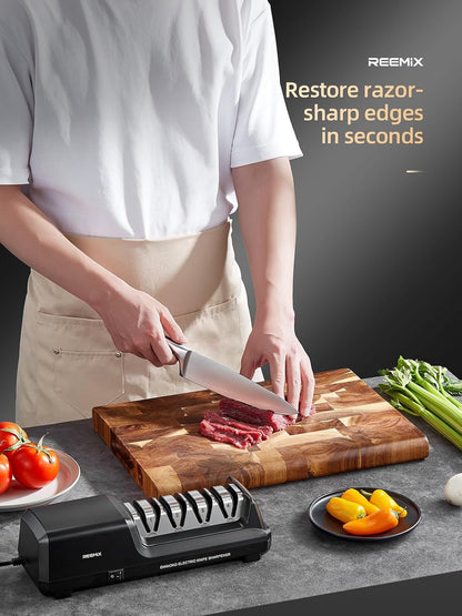 Reemix Electric Knife Sharpener with 4-Stage Sharpening (Repair, Coarse, Medium, Fine & Polish), 20° Fixed Angle, Non-Slip Base & Metal Shavings Collector for Kitchen Knives (Sliver)