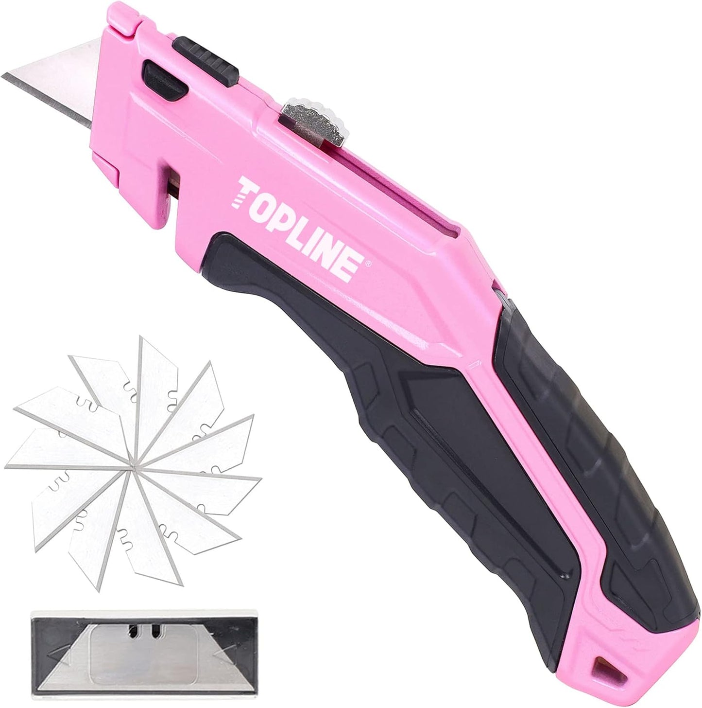 TOPLINE Retractable Pink Utility Knife, Retractable Pink Box Cutter, Blade Storage Design, 18-Piece SK5 Blades and a Dispenser Included