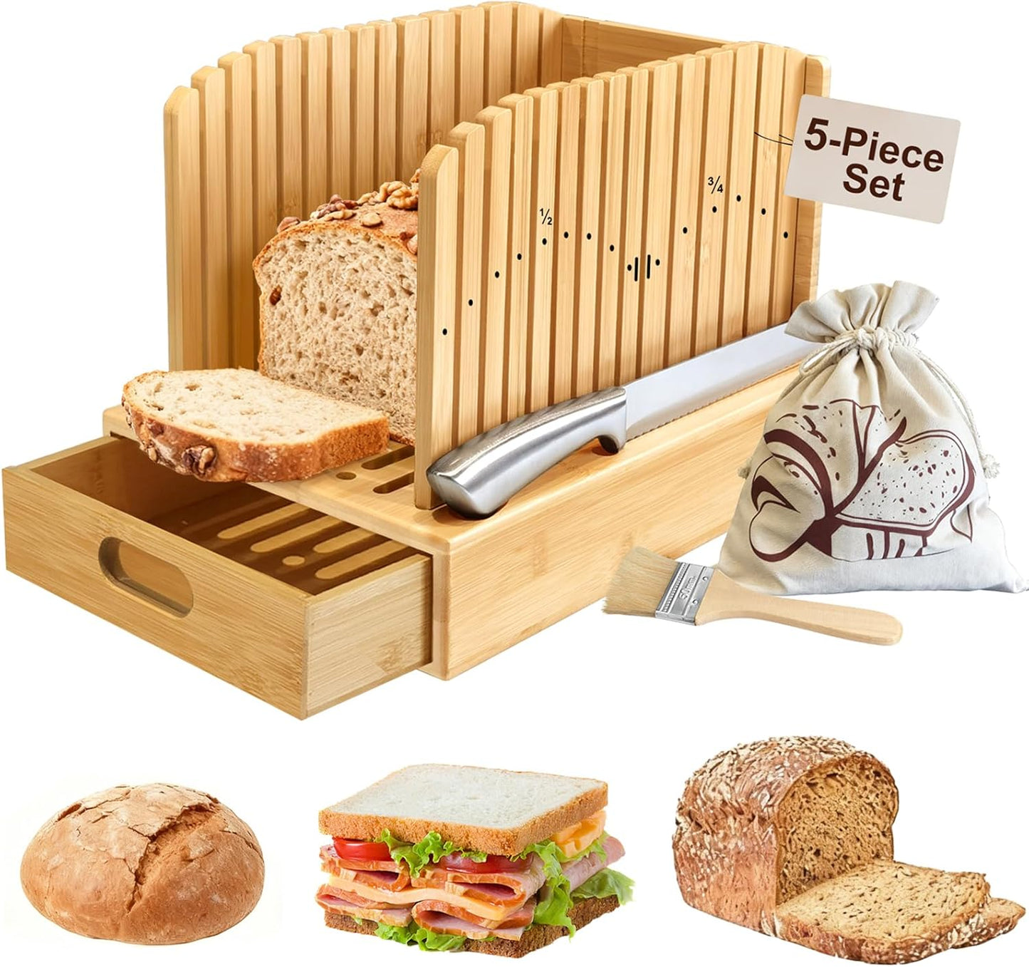 Bread Slicer for Homemade Bread, 5-Piece Bamboo Sourdough Bread Cutter Kit with Knife & Crumb Tray& Bread Bag, Manual Loaf Slicer Adjustable Bread Slicer Guide for Bagels, Sandwiches, Baking Tools