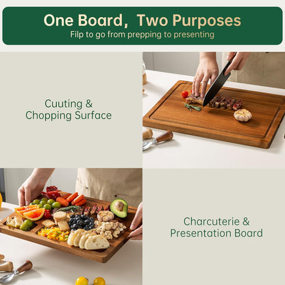 THETCHRY Acacia Wood Cutting Boards for Kitchen, Premium Wood Cutting Board Set with Holder, Chopping Board with Grooves and Built-in Handles, Wooden Charcuterie Board Trays for Meat, Fruit, Cheese