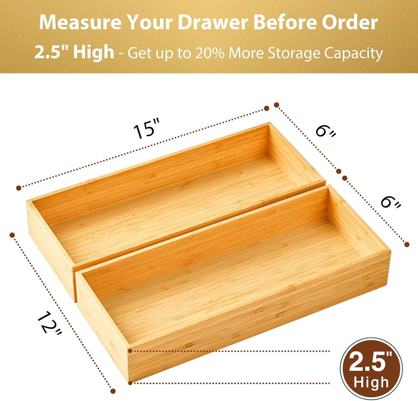 Umilife Bamboo Kitchen Utensils Organizer, Extra Long High Silverware Drawer Holder, Flatware Cutlery Storage Box, Multi-Use Drawer Divider in Office, Bathroom, Pantry - 17"x6"x2.5" (Set of 2)
