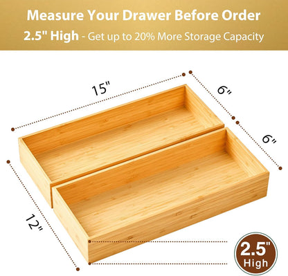 Umilife Bamboo Kitchen Utensils Organizer, Extra Long High Silverware Drawer Holder, Flatware Cutlery Storage Box, Multi-Use Drawer Divider in Office, Bathroom, Pantry - 17"x6"x2.5" (Set of 2)