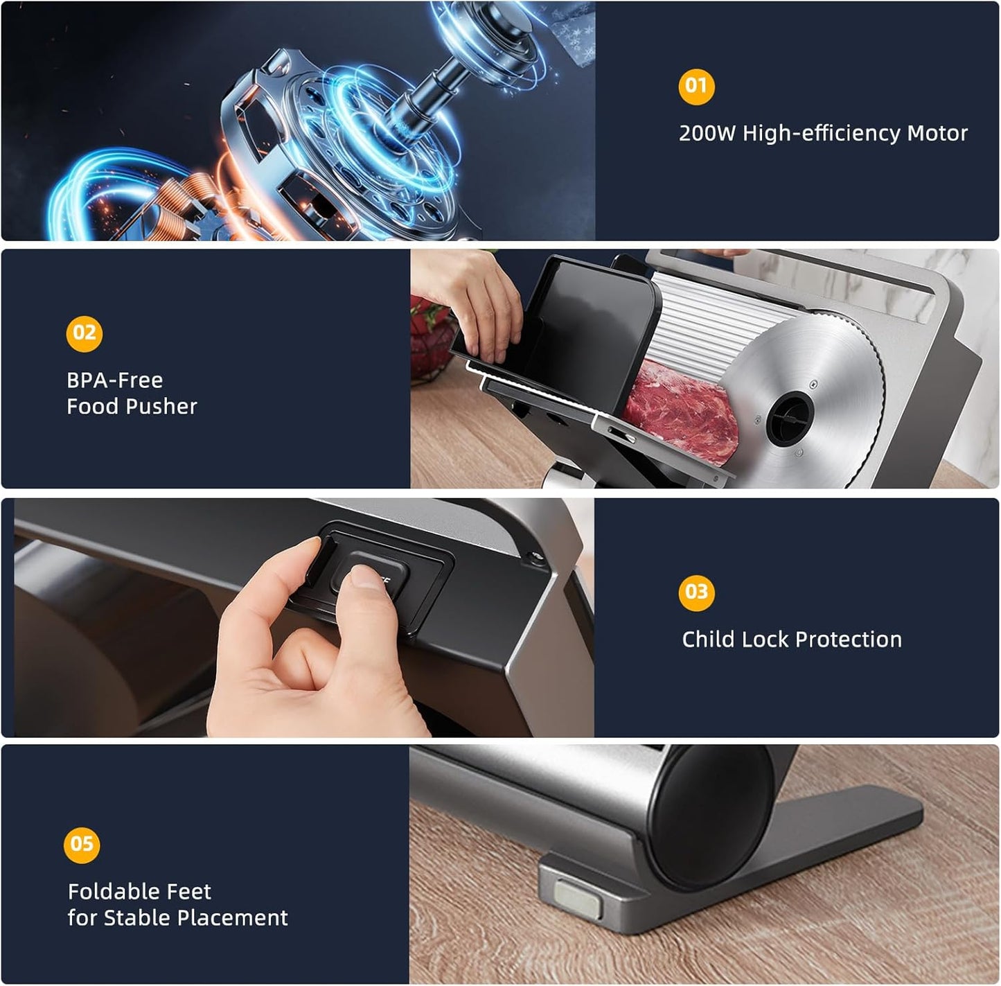 Meat Slicer, 200W Electric Meat Slicer Machine Food Slicer, Foldable Deli Meat Cutter With 2 Removable 7.5" Stainless Steel Blade, 0-15mm Adjustable Thickness For Home Use, Meat, Cheese, Bread