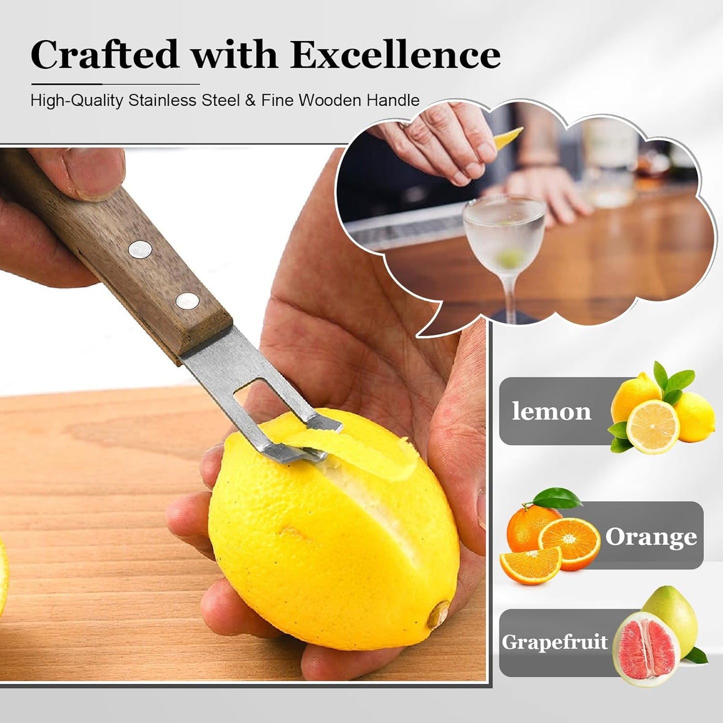 Professional Channel Knife & Citrus Zester Tool - Stainless Steel Lemon Peeler for Cocktails, Bar Tools for Bartenders, Orange Peeler with Walnut Handle for Home Bar, Kitchen, and Cocktail Garnishes