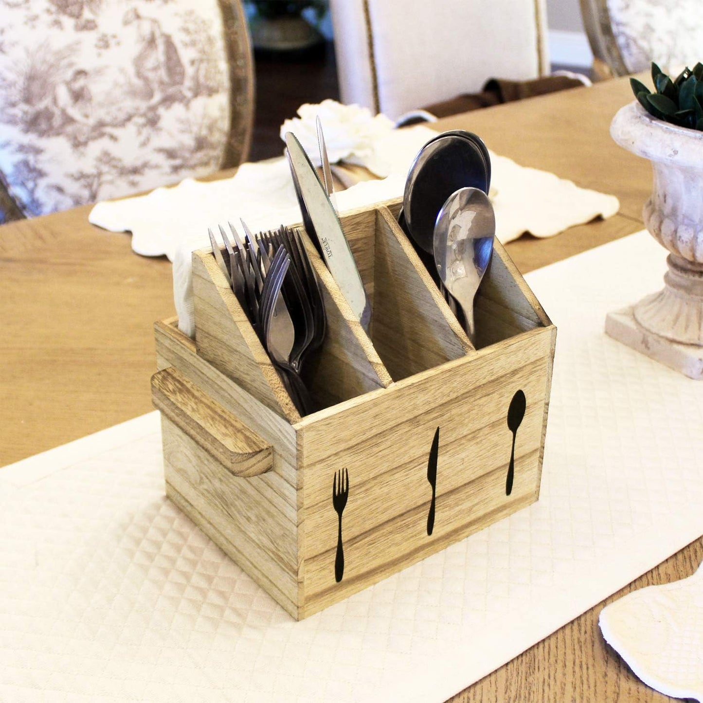 Ikee Design Wooden Utensil Caddy with Handles, Silverware Caddy, Silverware Holder for Countertop,Party,Camping and Kitchen, Organizer, Picnic Cutlery Holders, Black Color
