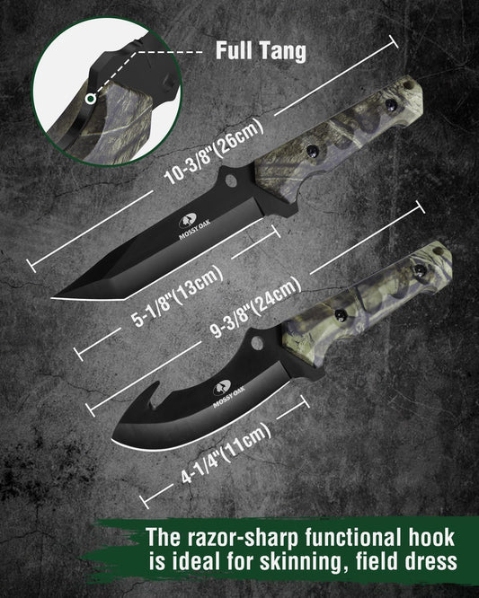 MOSSY OAK Fixed Blade Hunting Knife Set - 2 Piece, Full Tang Handle Straight Edge and Gut Hook Blades Game Processing Knife, Sheath Included