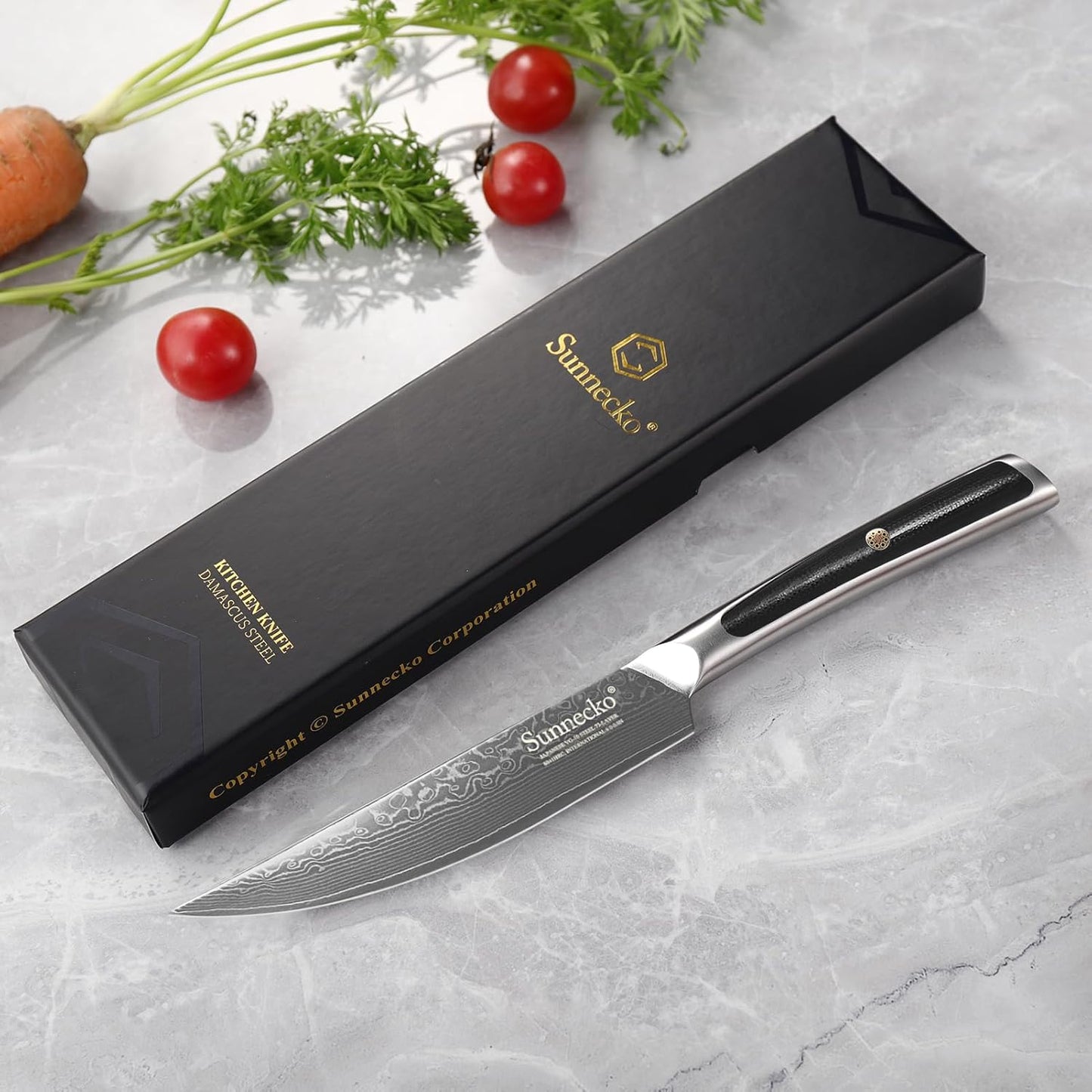 Sunnecko Damascus Steak Knife Set Non Serrated, Japanese VG10 Stainless Steel Steak Knife Set of 2, 5 Inch Steak Knives G10 Handle with Gift Box