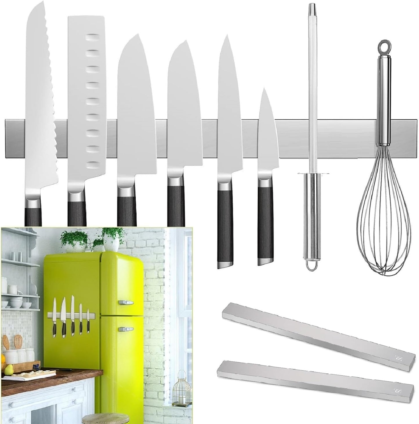 2 PCS Knife Magnetic Strip no Drilling (Refrigerator Applicable), 17 inch Magnetic Knife Holder for Wall, Premium Stainless Steel Magnetic Knife Bar, Used as Tool Holder, Knife Rack, and More