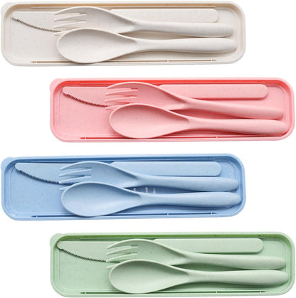 4 Sets Reusable Utensils with Case, Wheat Straw Travel Cutlery Portable Knife Fork and Spoon, Lunch Utensils Set for Camping Travel (Autumn)