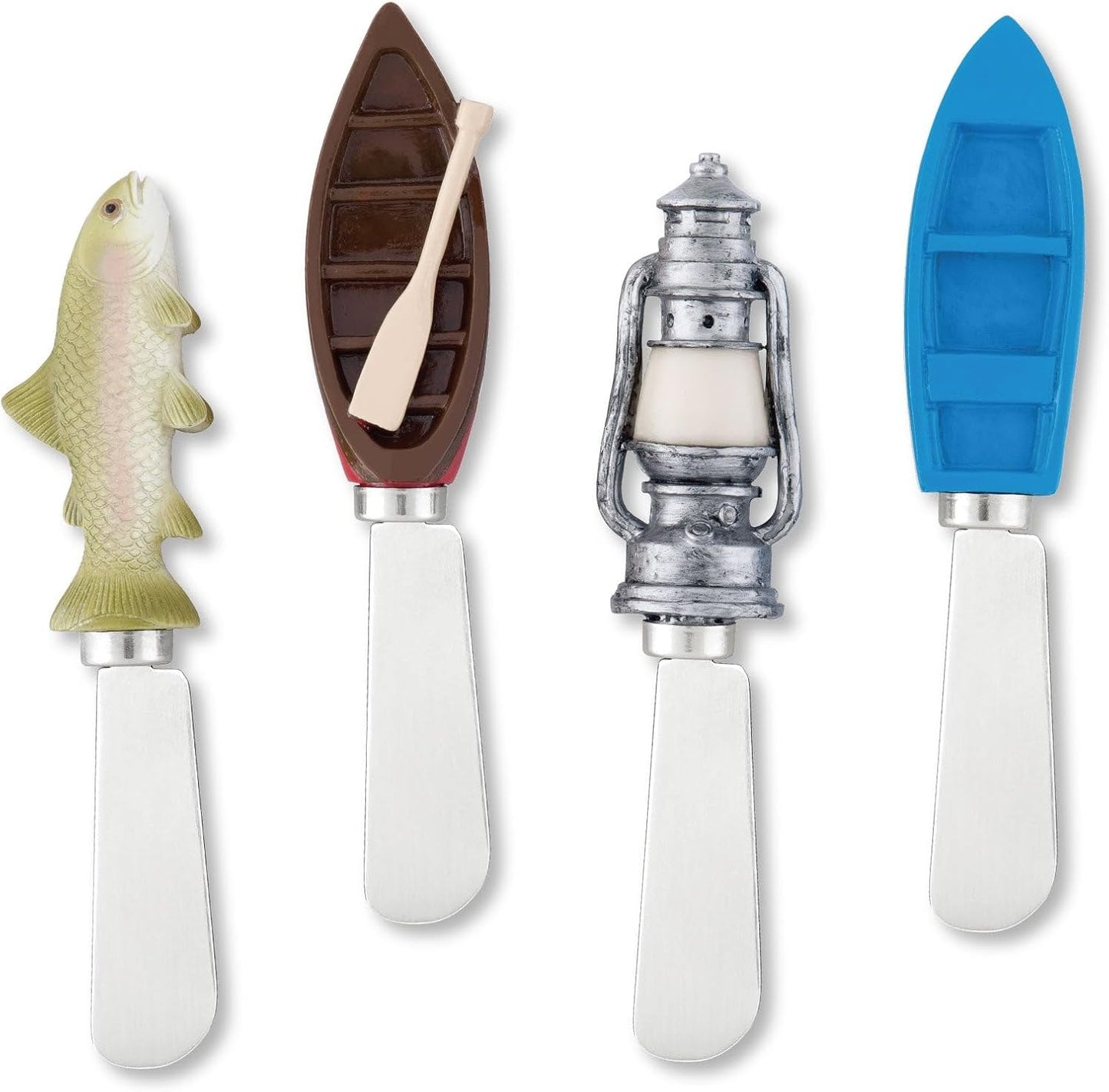 Supreme Housewares Tiki Bar Cheese Spreaders, Hand-Painted Resin Handles with Stainless Steel Blades for Spreading Cream Cheese, Butter, and Jam, Assorted Designs, Set of 4