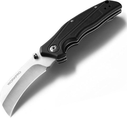 WORKPRO Pocket Knife, Hawkbill Folding Utility Knife with Lanyard Hole and Belt Clip, Electrician Knife for Cable Skinning and Carpet, Linoleum, Cardboard, Rope, Wire Cutting