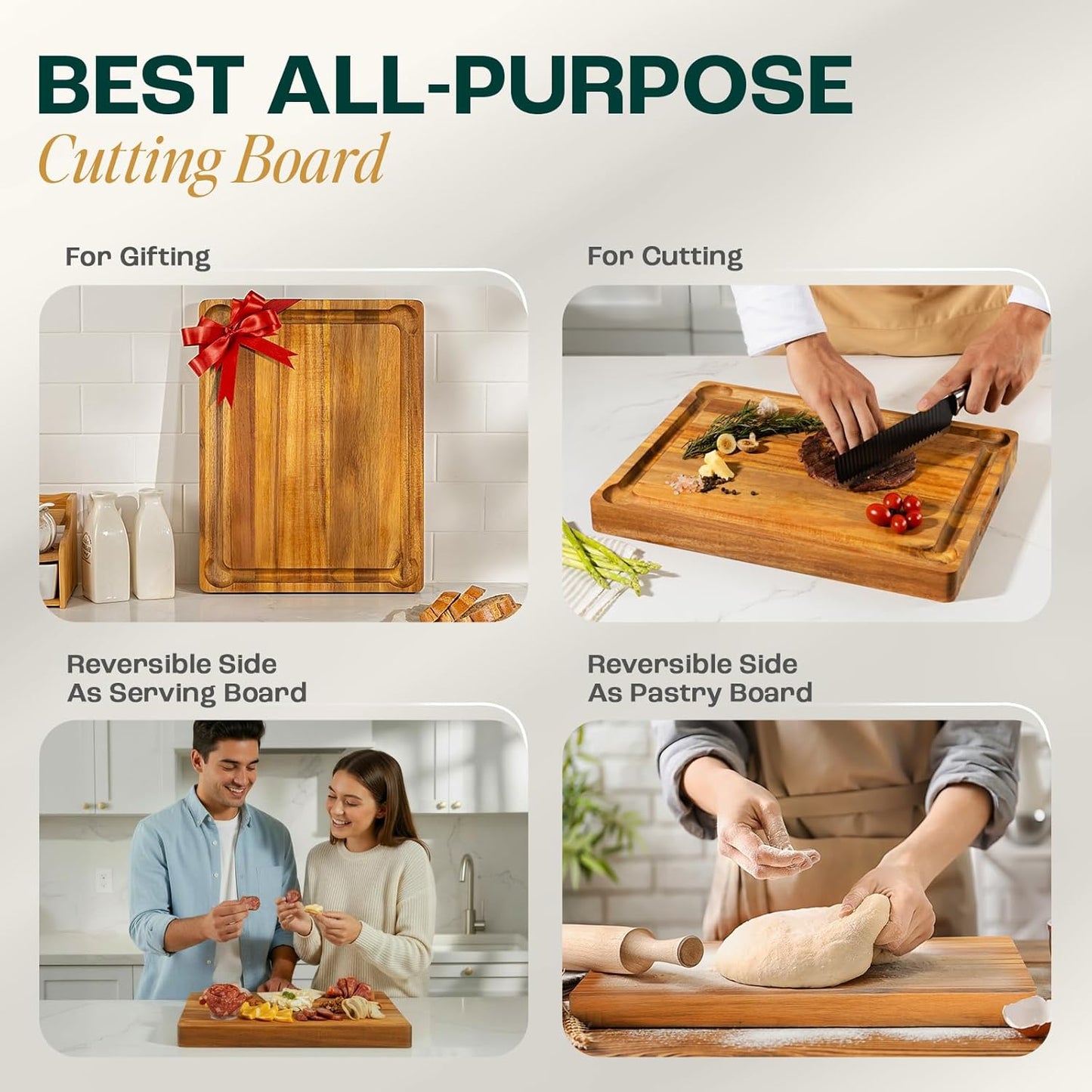 Yes4All Durable Acacia Cutting Boards for Kitchen, [17''Lx13''Wx1.5” Thick] Medium Edge Grain Cutting Board, Pre Oiled Wood Cutting Boards, Thick Chopping Board w/Juice Grooves and Easy Grip Handle
