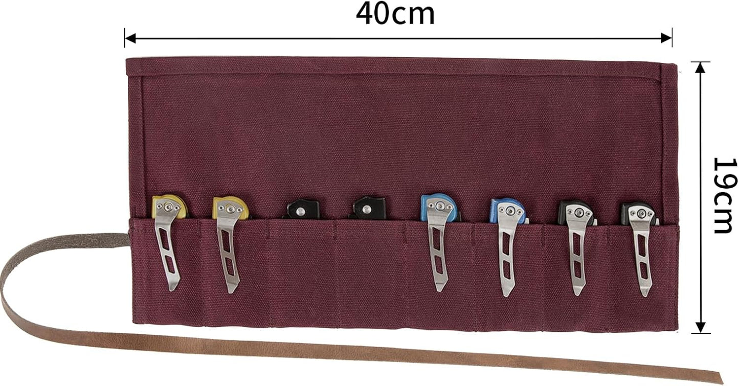 Pocket Knife Roll,8 Slots Folding Knife Roll Bag,Waxed Canvas Knife Display Case,Small Knife Roll Up Pouch,Pocket Knife Storage Case,Tactical Knife Protectors For Camping Hiking,Tool Roll (Purple)