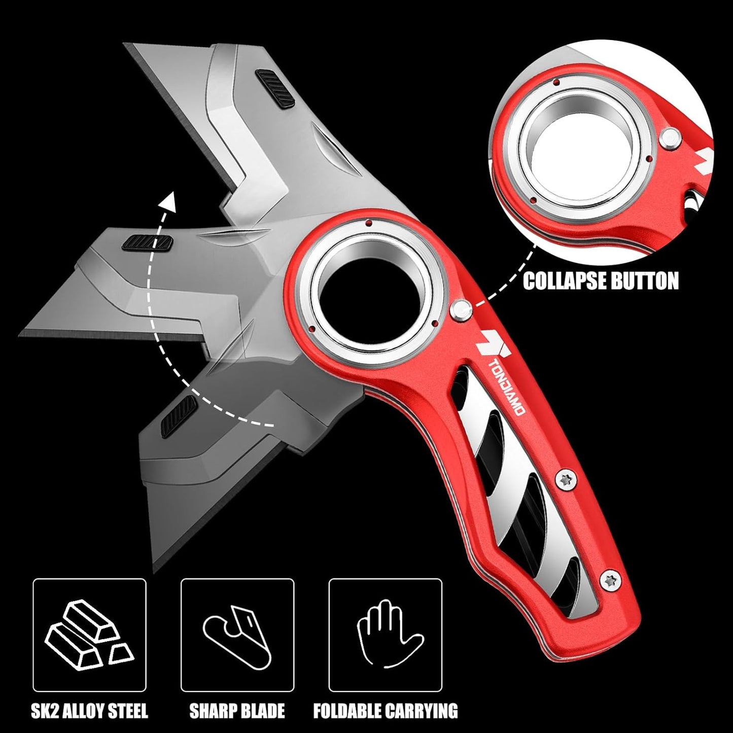 Tondiamo 4 Pcs Folding Pocket Utility Knife Heavy Duty Box Cutter Folding Razor Knife with Anti Slip Finger Loop Easy Change Blades 3 Lock Positions Design (Yellow,Red,Black,Green)