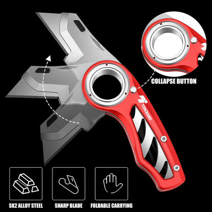 Tondiamo 4 Pcs Folding Pocket Utility Knife Heavy Duty Box Cutter Folding Razor Knife with Anti Slip Finger Loop Easy Change Blades 3 Lock Positions Design (Yellow,Red,Black,Green)