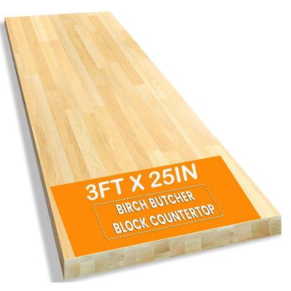 18"x25" Butcher Block Countertop Island, 1.5FT Unfinished Solid Birch Wood DIY Countertop, Durable Counter Table Tops for Kitchen Bar, Workshop, Laundry Counters Dining Room Tables 1.5"Thick
